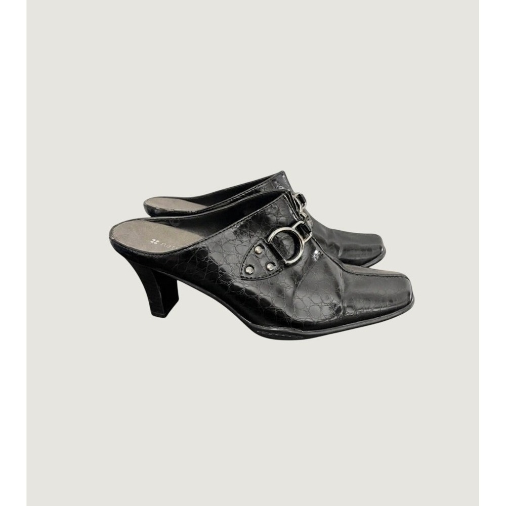 Naturalizer Black Croc Embossed Buckle Mule Heels Square Toe 8